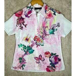 BOHO Floral‎ Butterfly Print Top RETRO Short Sleeve Button Down Shirt Y2K Fairy